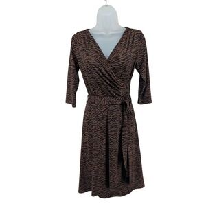 Brown Zebra Animal Print Faux Wrap Dress XS Petite 3/4 Sleeve V-Neck Safari